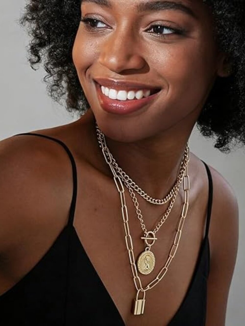 Vintage Gold Layered Necklace Set for Women | Chunky Cuban Link Paperclip Chain - Picture 2 of 6